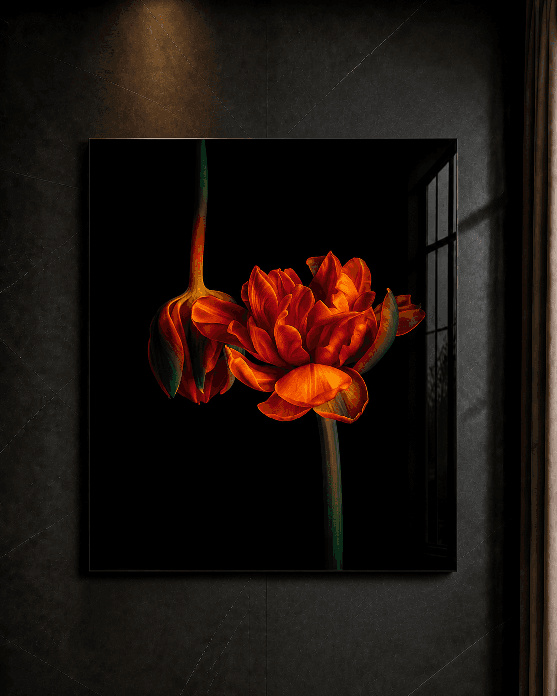 Scharlaken Duo, papegaaientulpen als gelimiteerde Diasec fotoprint