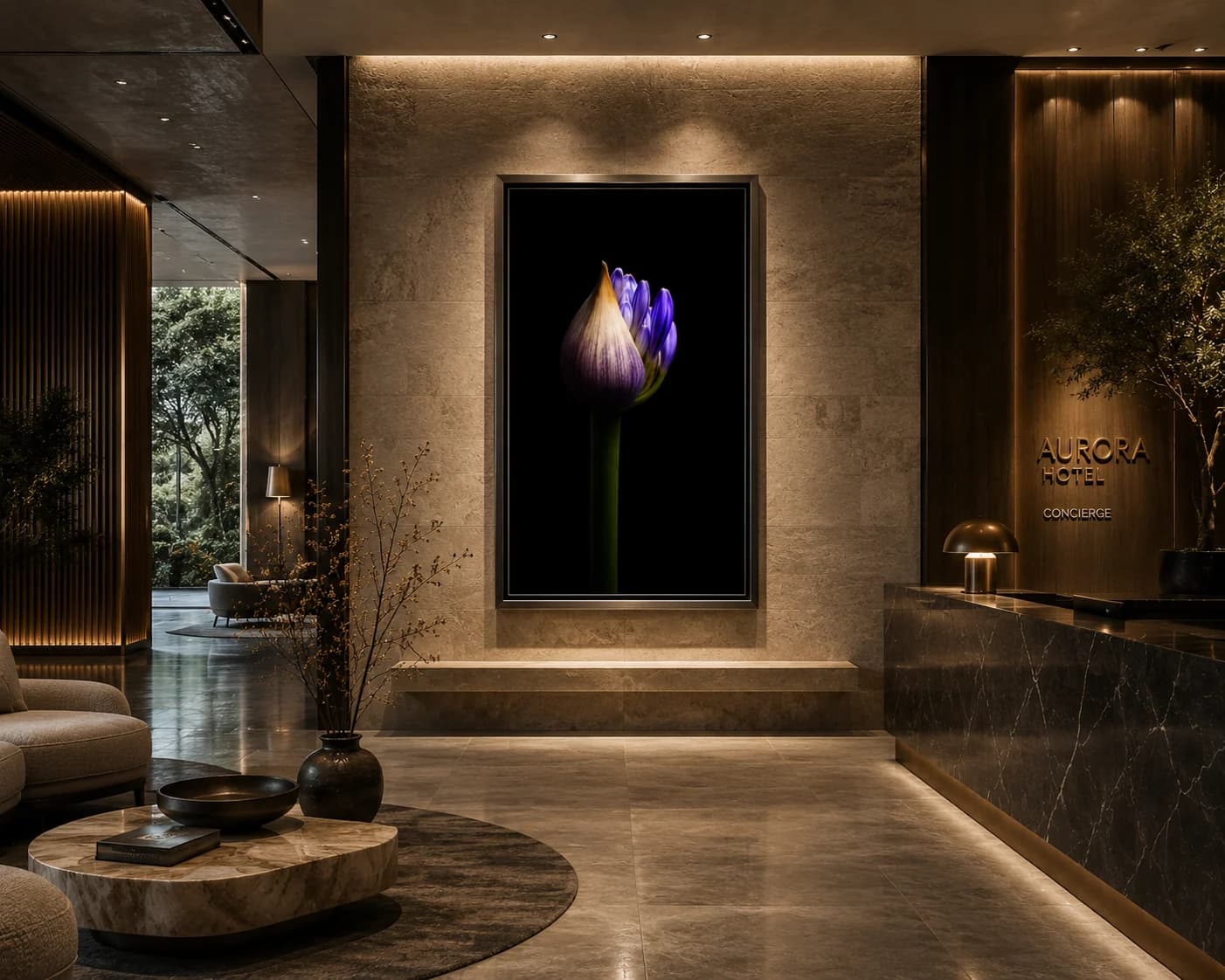 Agapanthus botanische kunstfotografie gepresenteerd in een luxe interieur