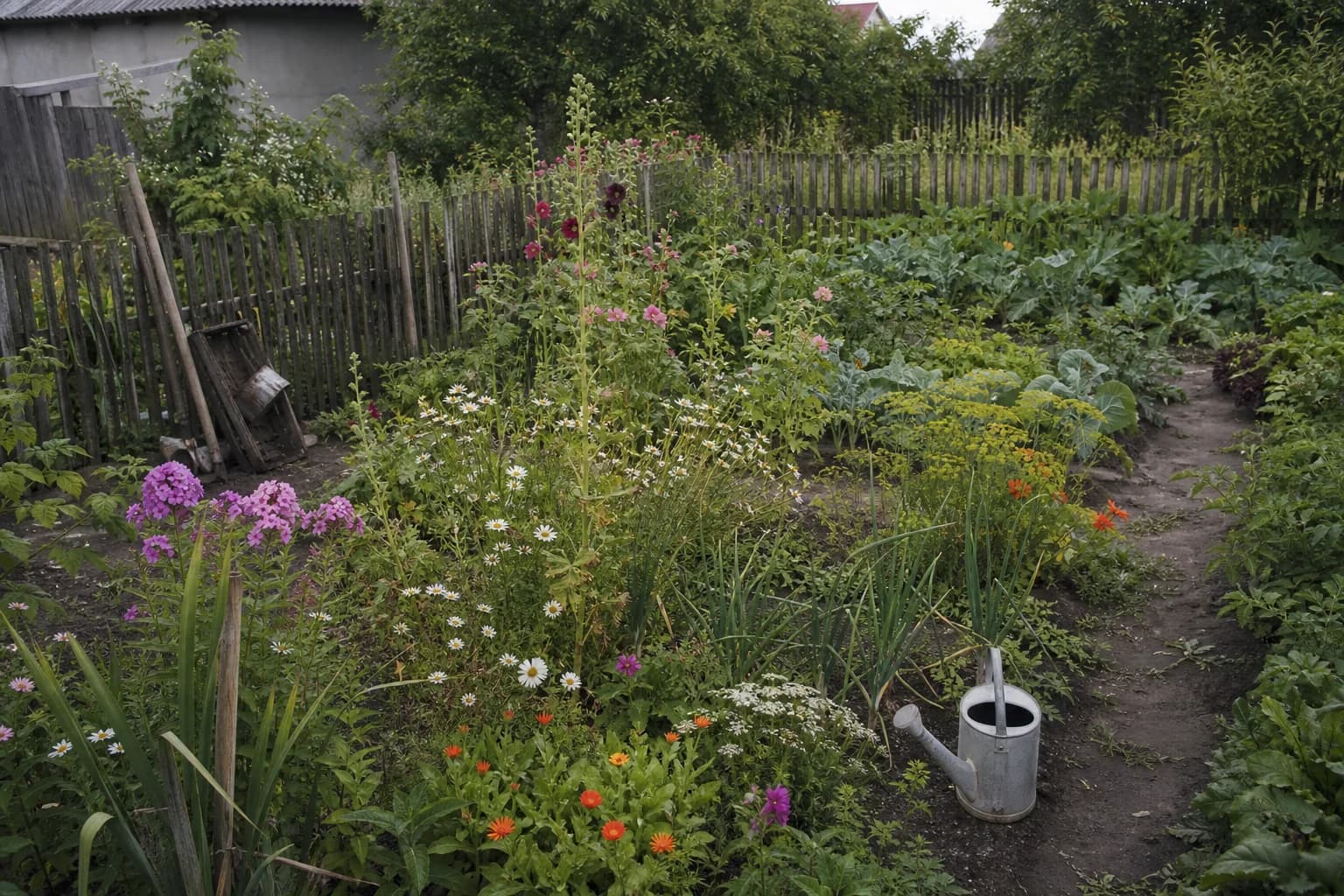 Sfeerbeeld van een traditionele Poolse plattelandstuin met bloemen, kruiden, groenten en een verweerde houten omheining